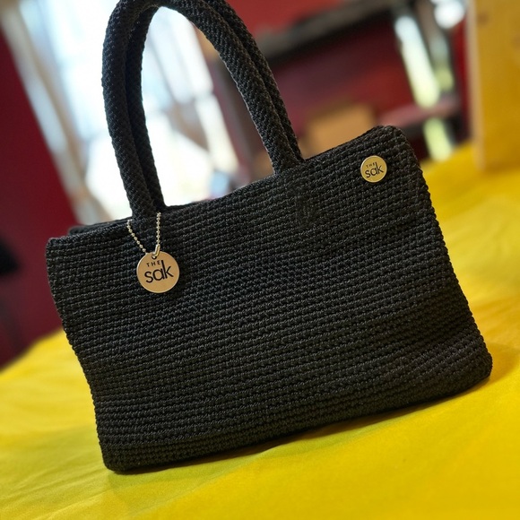 The Sak Handbags - The Sak Black Crochet Top Handle Handbag Purse Medium Woven Knit Shoulder Bag